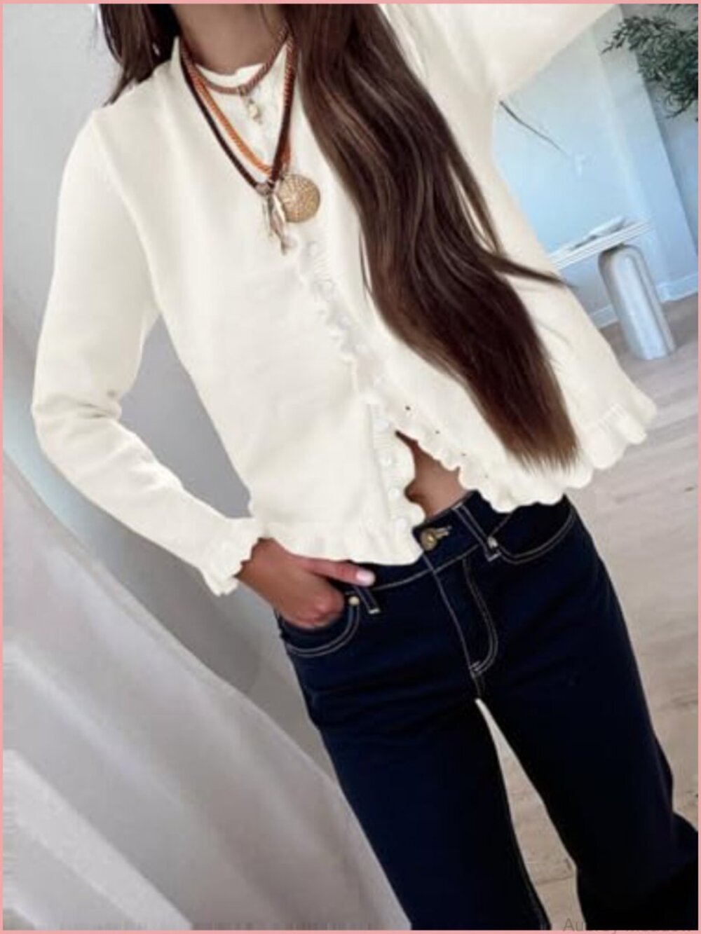 Ruffle Cardigan Sweater Button Up Crew Neck Long Sleeve Cropped Cute Knit Top - Picture 2 of 7